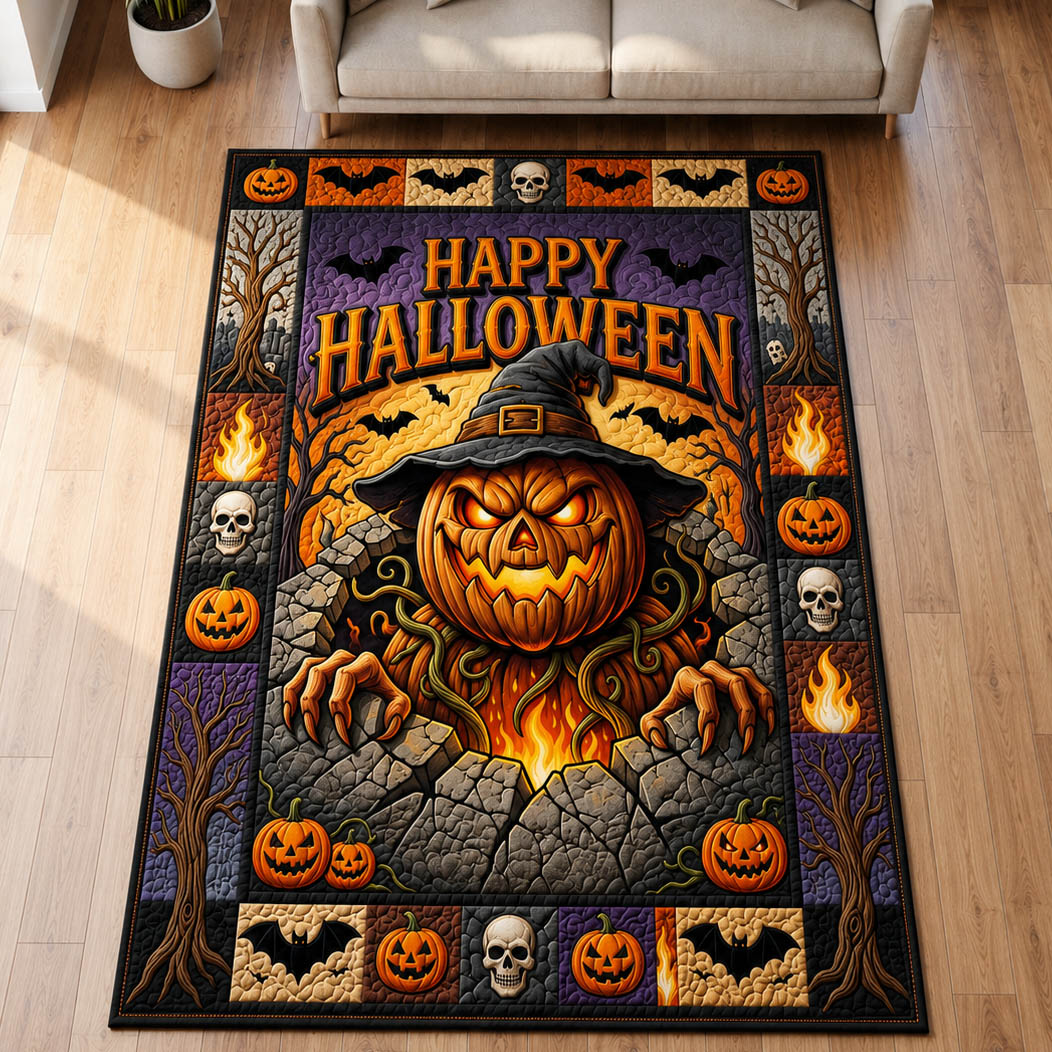 Creepy Pumpkin Ghost area rug in a living room