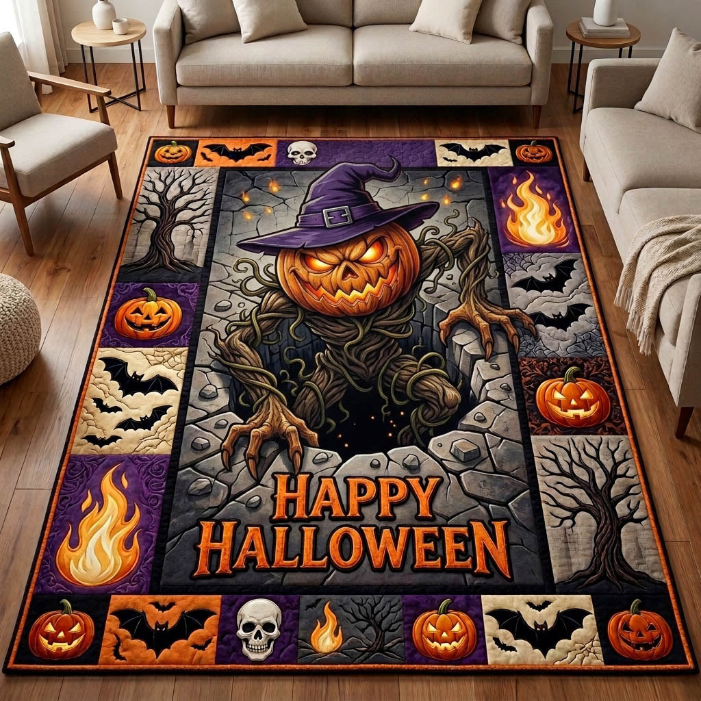 Creepy Pumpkin Ghost area rug in a living room