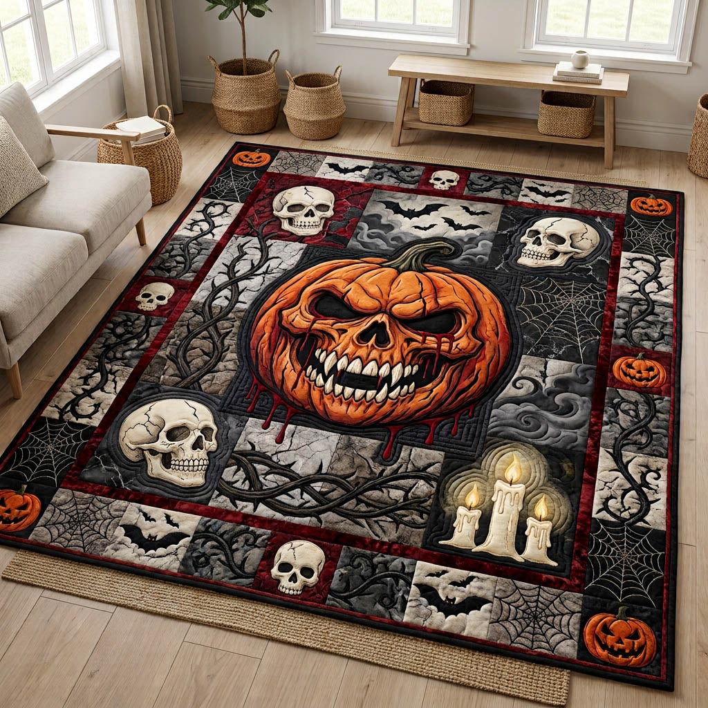 Creepy Pumpkin Ghost area rug in a living room