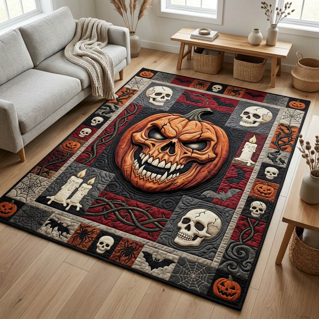 Creepy Pumpkin Ghost area rug in a living room