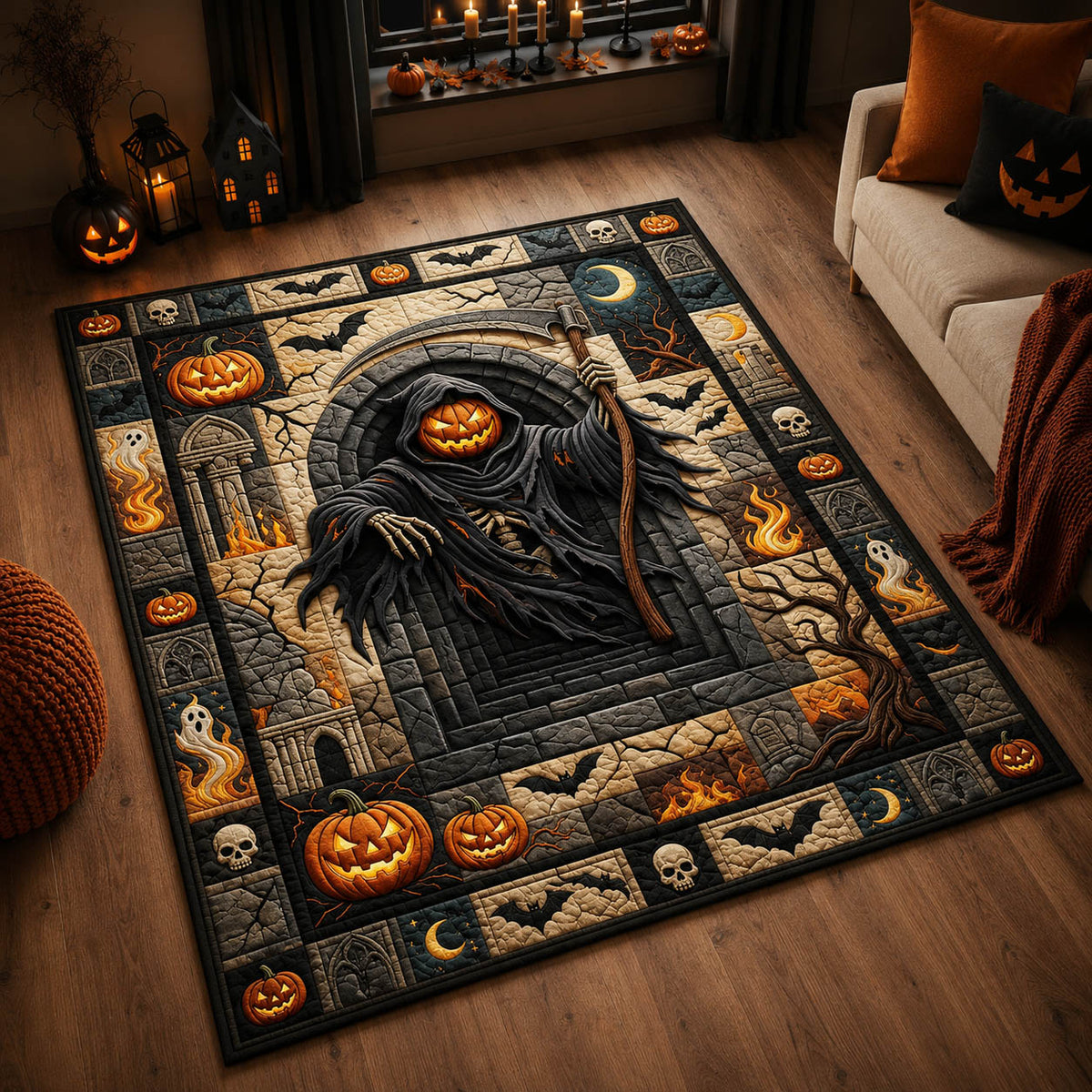 Creepy Pumpkin Ghost area rug in a living room