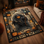 Creepy Pumpkin Ghost area rug in a living room