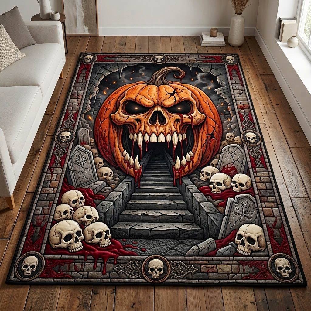 Creepy Pumpkin Ghost area rug in a living room