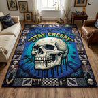Creepy Skull Moon area rug in a living room
