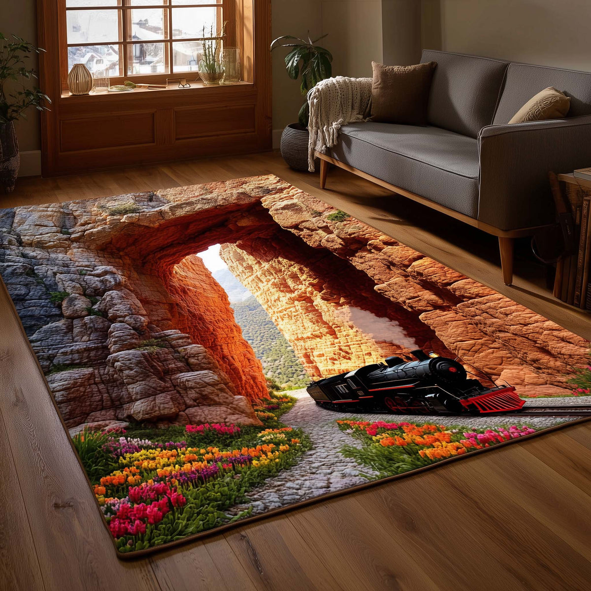 Crimson Archway Train area rug in a living room