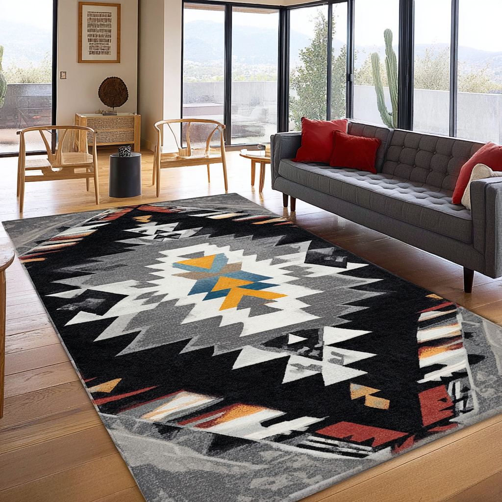 Crimson Echo area rug in a living room