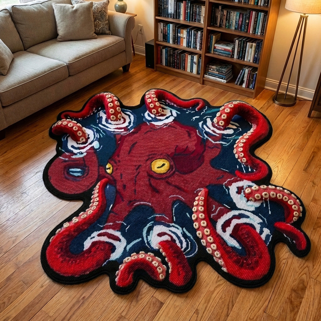 Crimson Kraken Custom Shape Area Rug - Nature Design | Die-Cut Non-Slip Rug - washable non-slip printed rug