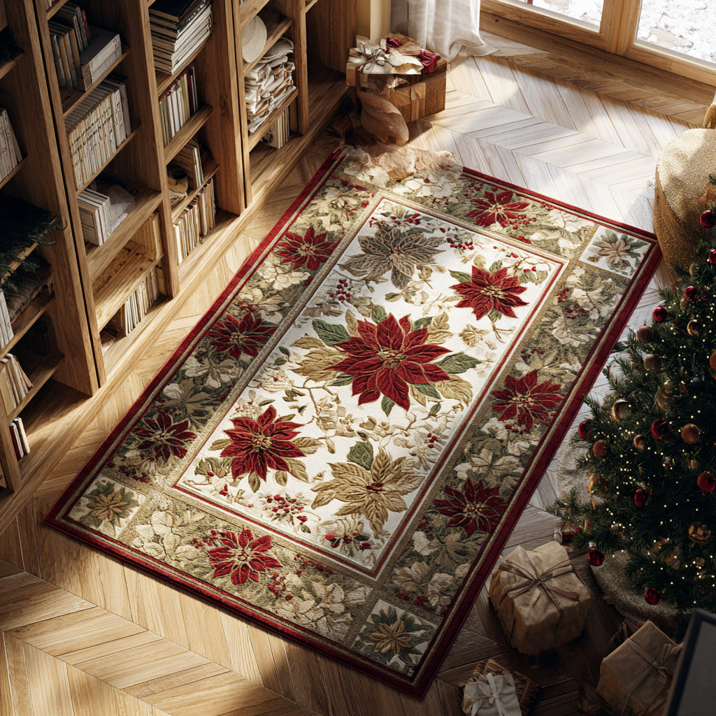 Crimson Poinsettia Border area rug in a living room