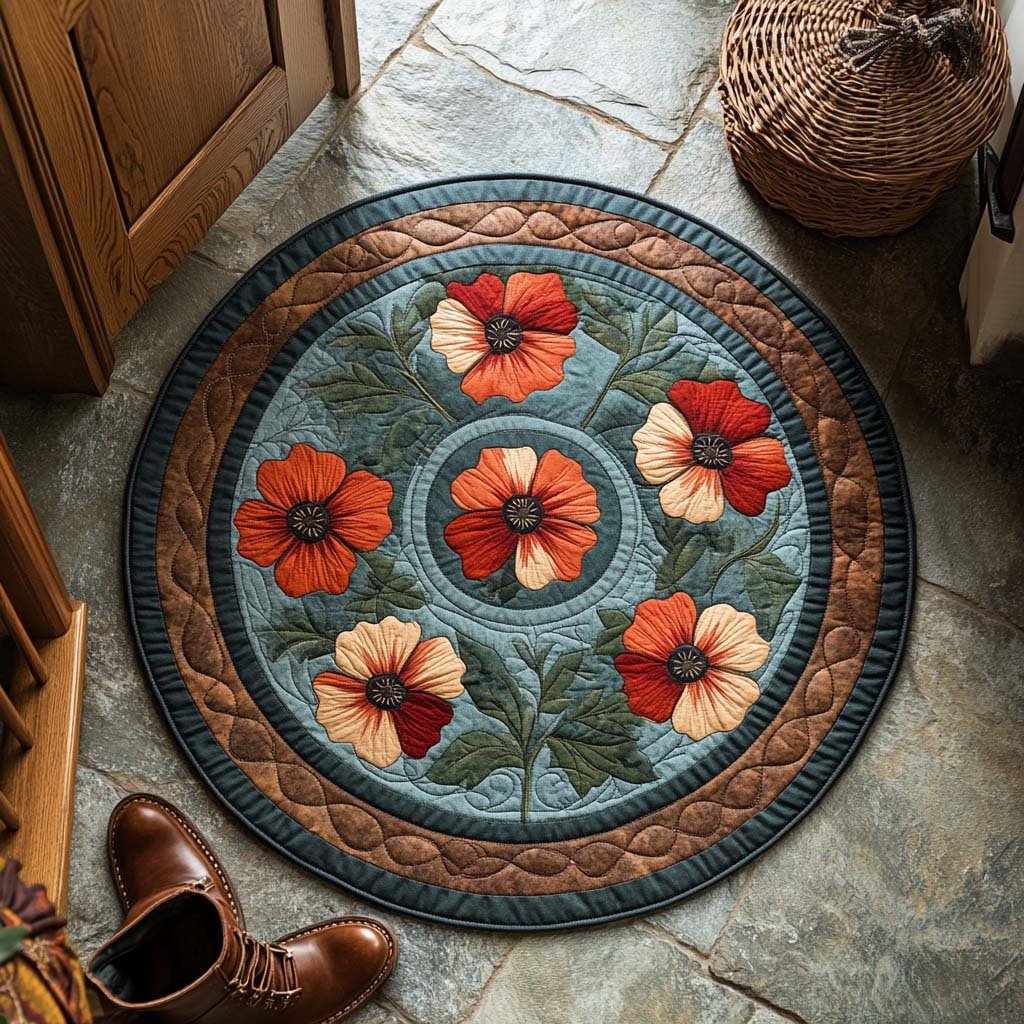 Crimson Poppy Glow Round Mat Rug - washable non-slip printed rug