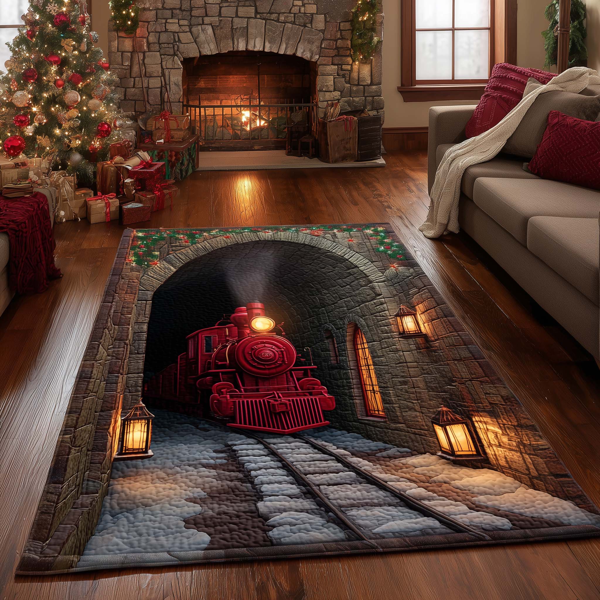 Crimson Steam Express area rug in a living room
