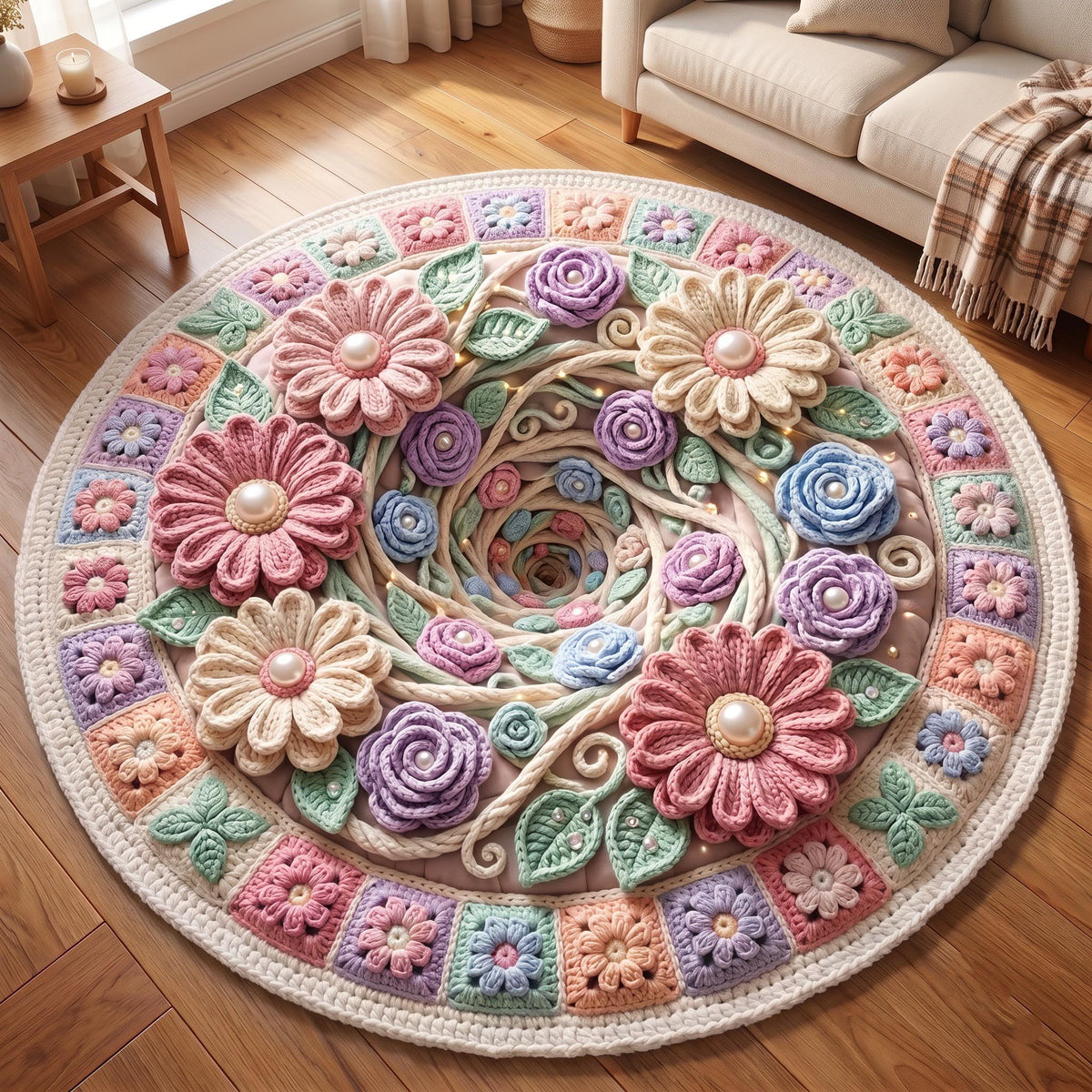 Crochet Flower Round Mat Rug - Nature Design | Serene Home Decor - washable non-slip printed rug