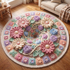 Crochet Flower Round Mat Rug - Nature Design | Serene Home Decor - washable non-slip printed rug