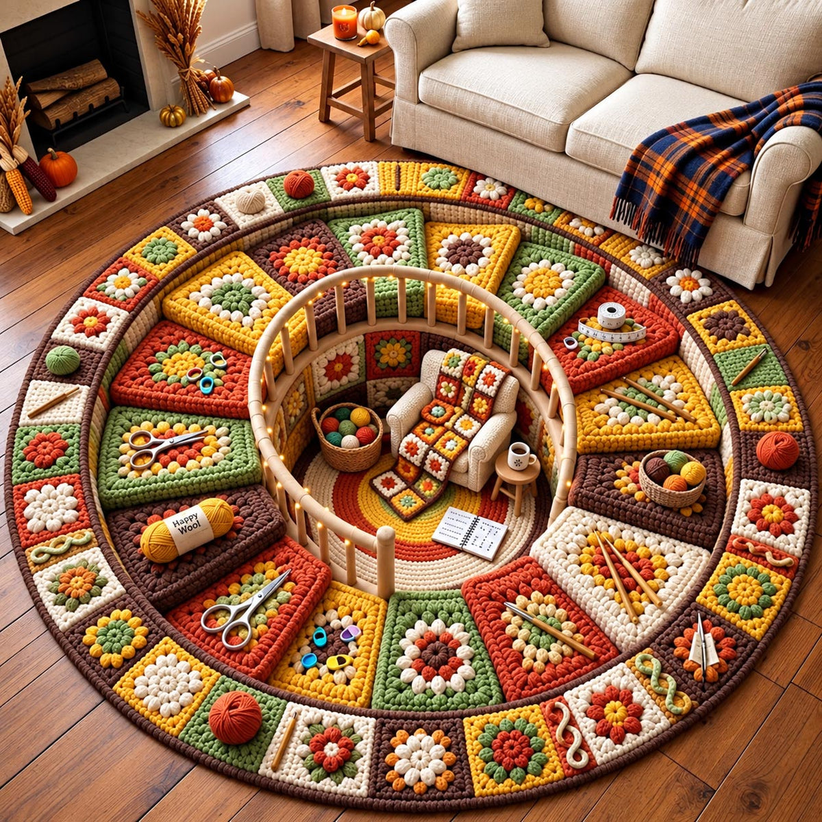 Crochet Patchwork Round Mat Rug - Nature Design | Serene Home Decor - washable non-slip printed rug