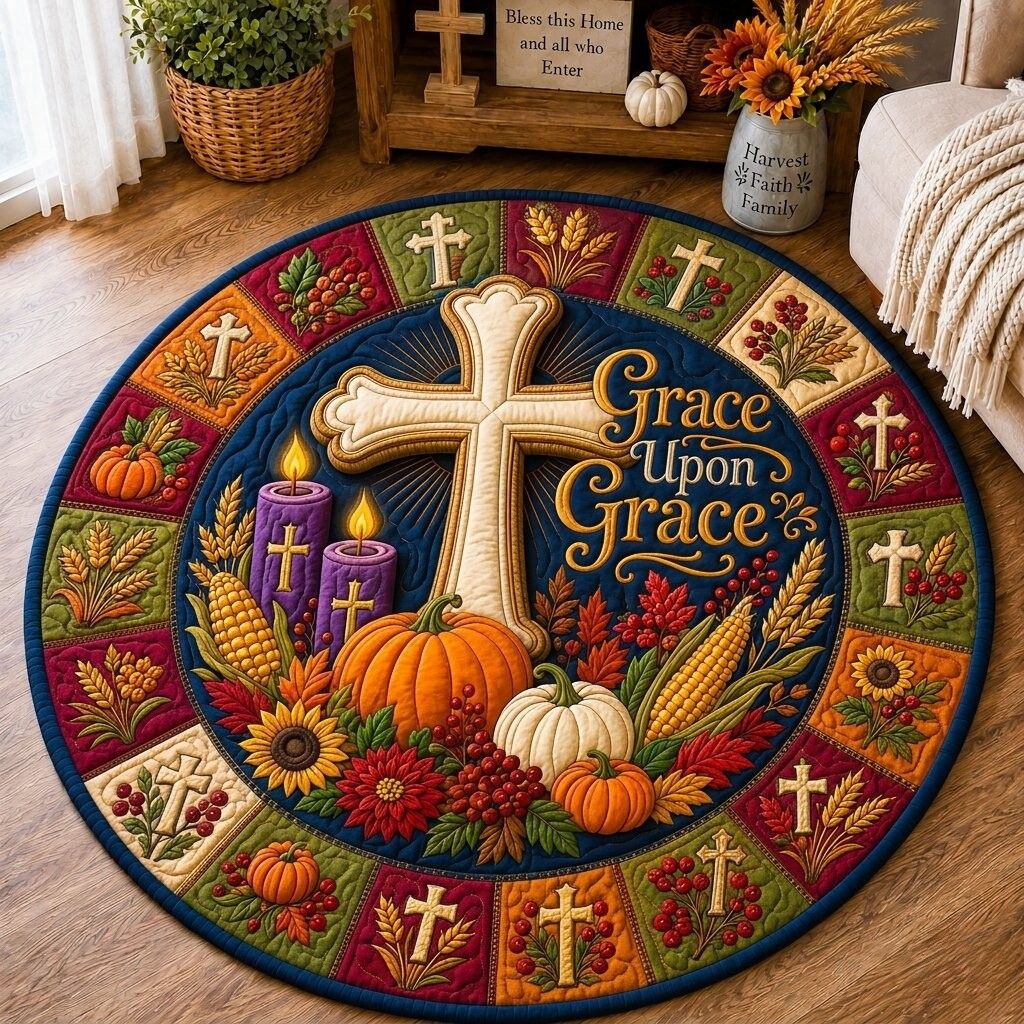 Cross & Bible Round Mat Rug - Nature Design | Serene Home Decor - washable non-slip printed rug