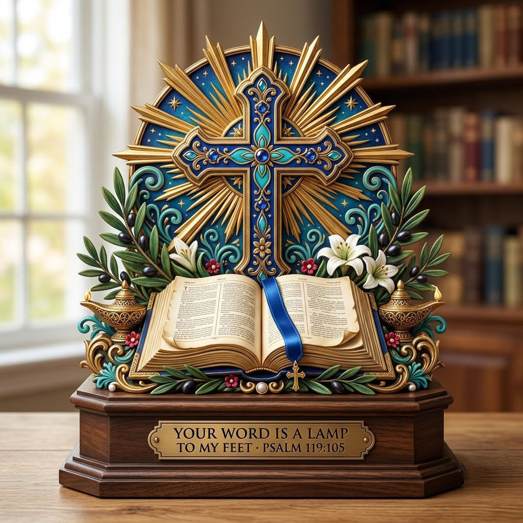 Cross Bible wooden block, laser-cut 3-layer wood