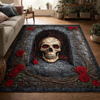 Crypt Rose Skull area rug in a living room