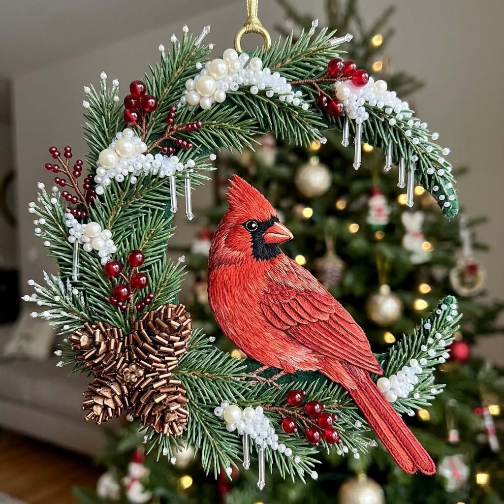 Crystal Cardinal Crescent Christmas Ornament