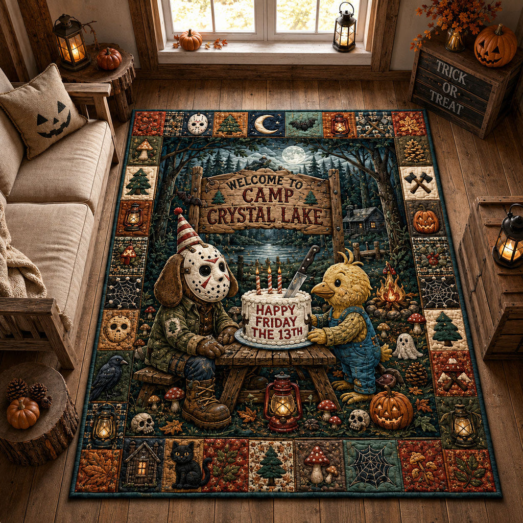 Crystal Lake Birthday Nightmare area rug in a living room