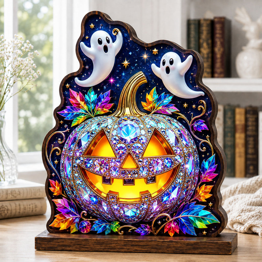 Crystal Pumpkin Ghosts wooden block, laser-cut 3-layer wood