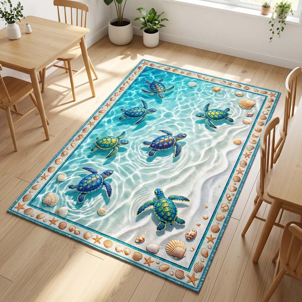 Crystal Shore Turtles area rug in a living room
