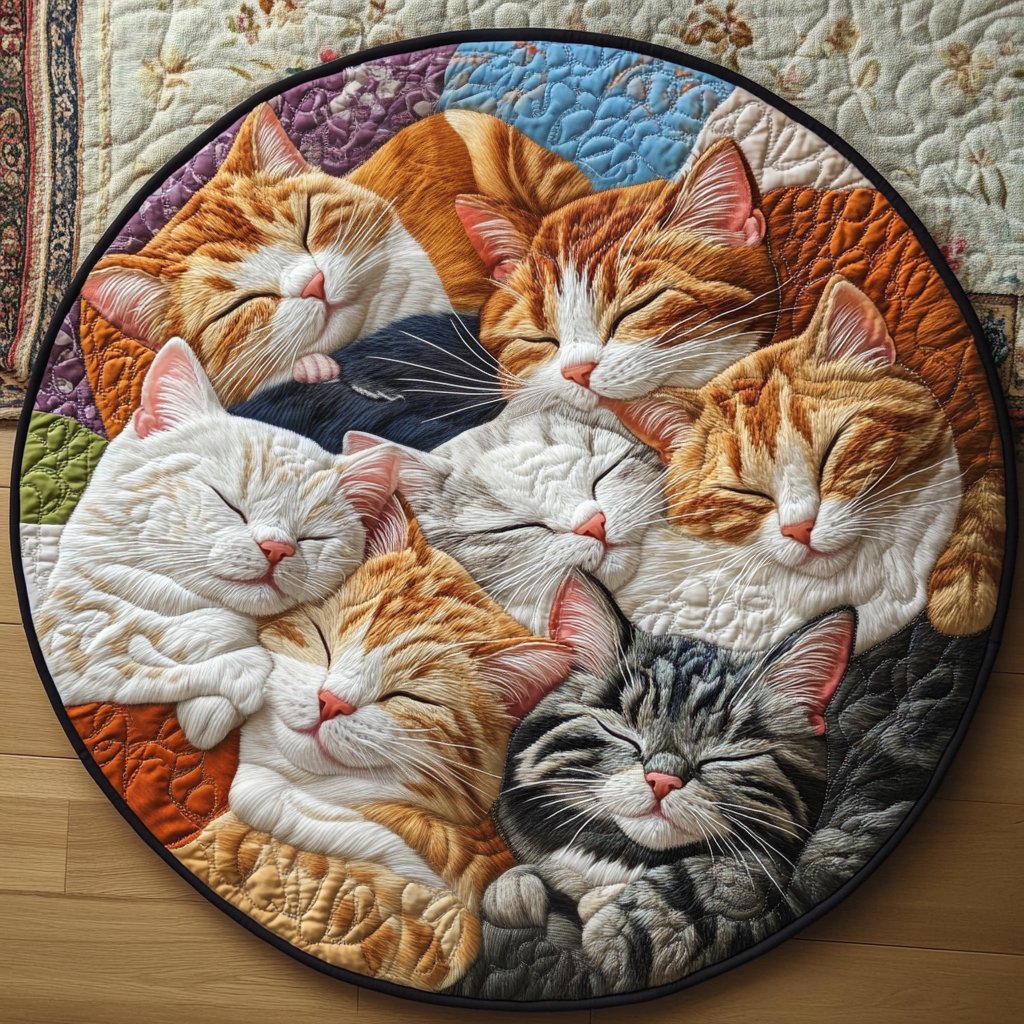 Cuddling Cat Round Mat Rug - washable non-slip printed rug
