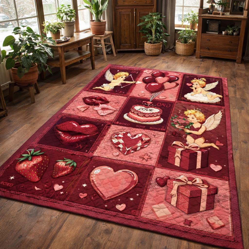 Cupid Valentine Patch area rug in a living room