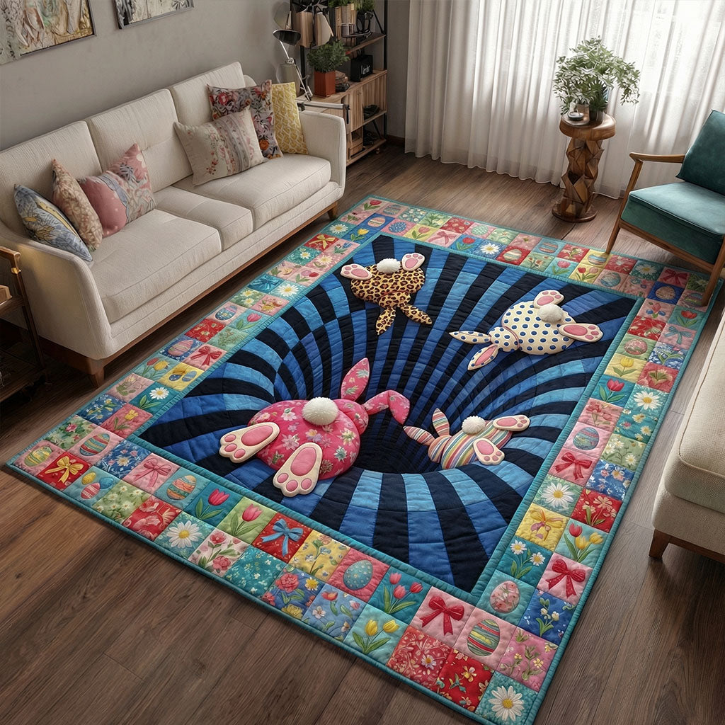 Curious Bunny Burrow area rug in a living room