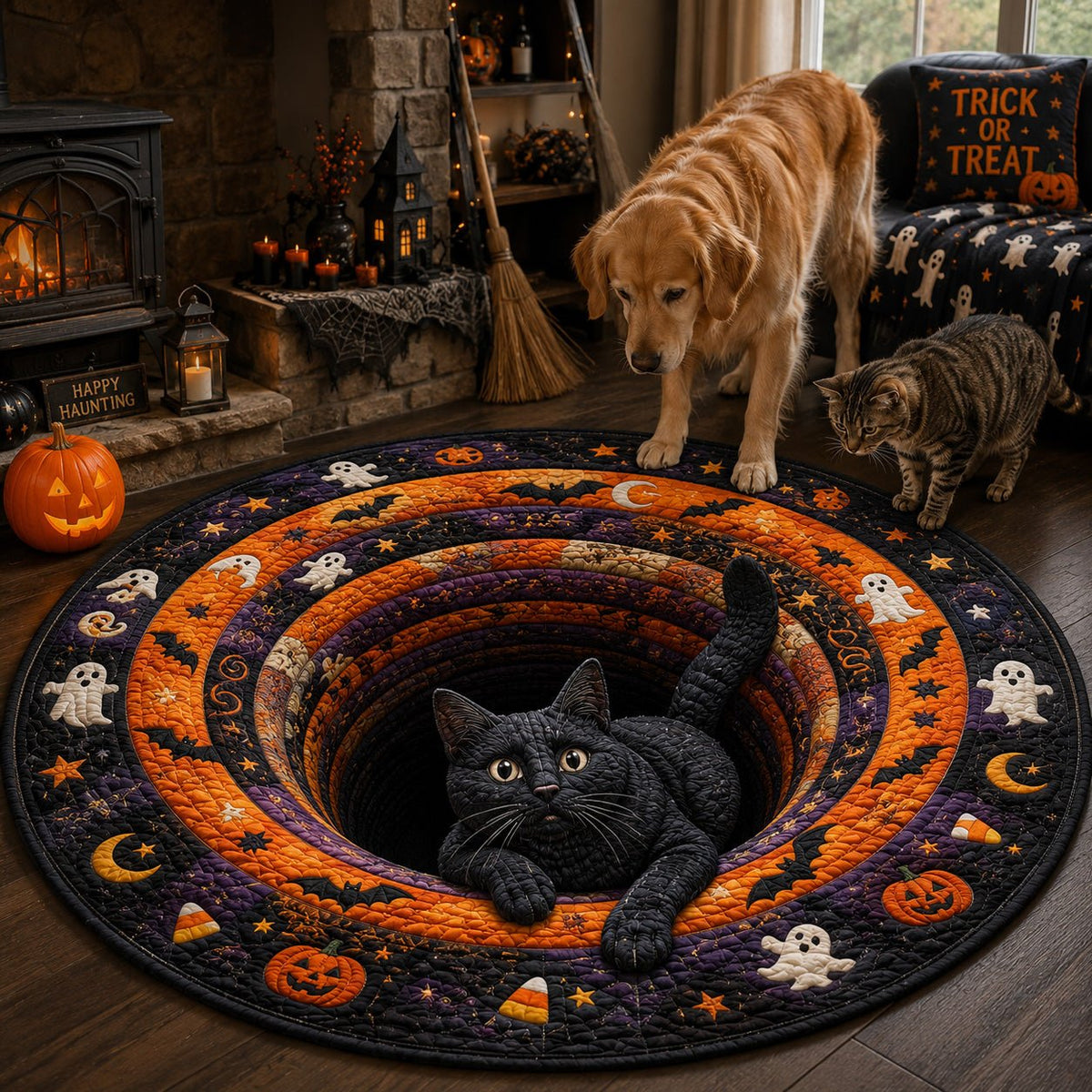 Curious Haunting Round Mat Rug - washable non-slip printed rug