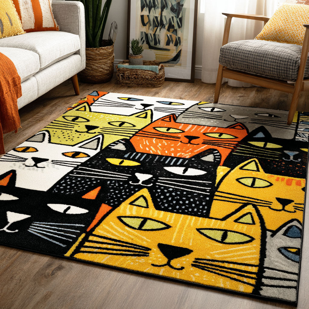 Curious Whiskers area rug in a living room