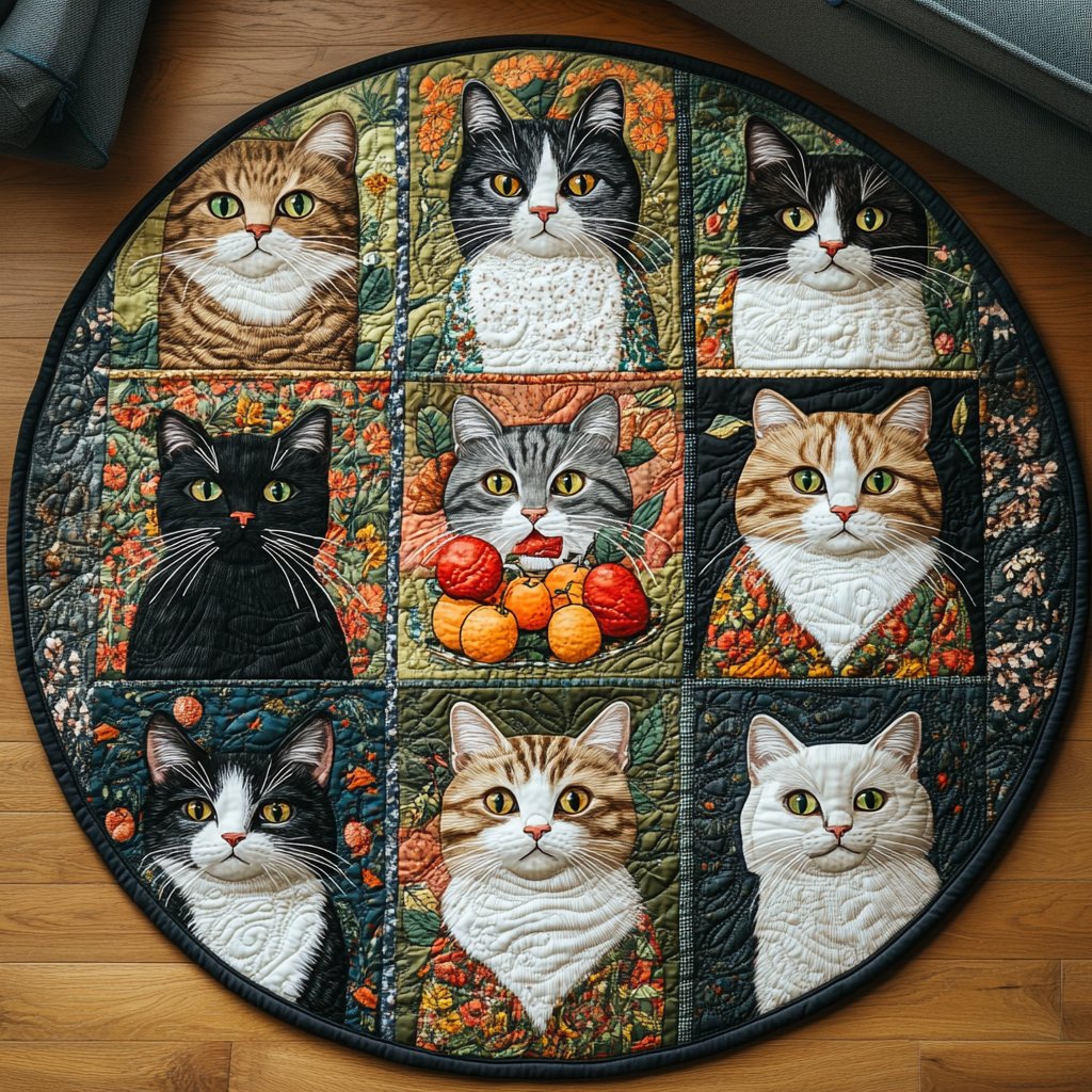 Curious Whiskers Round Mat Rug - washable non-slip printed rug