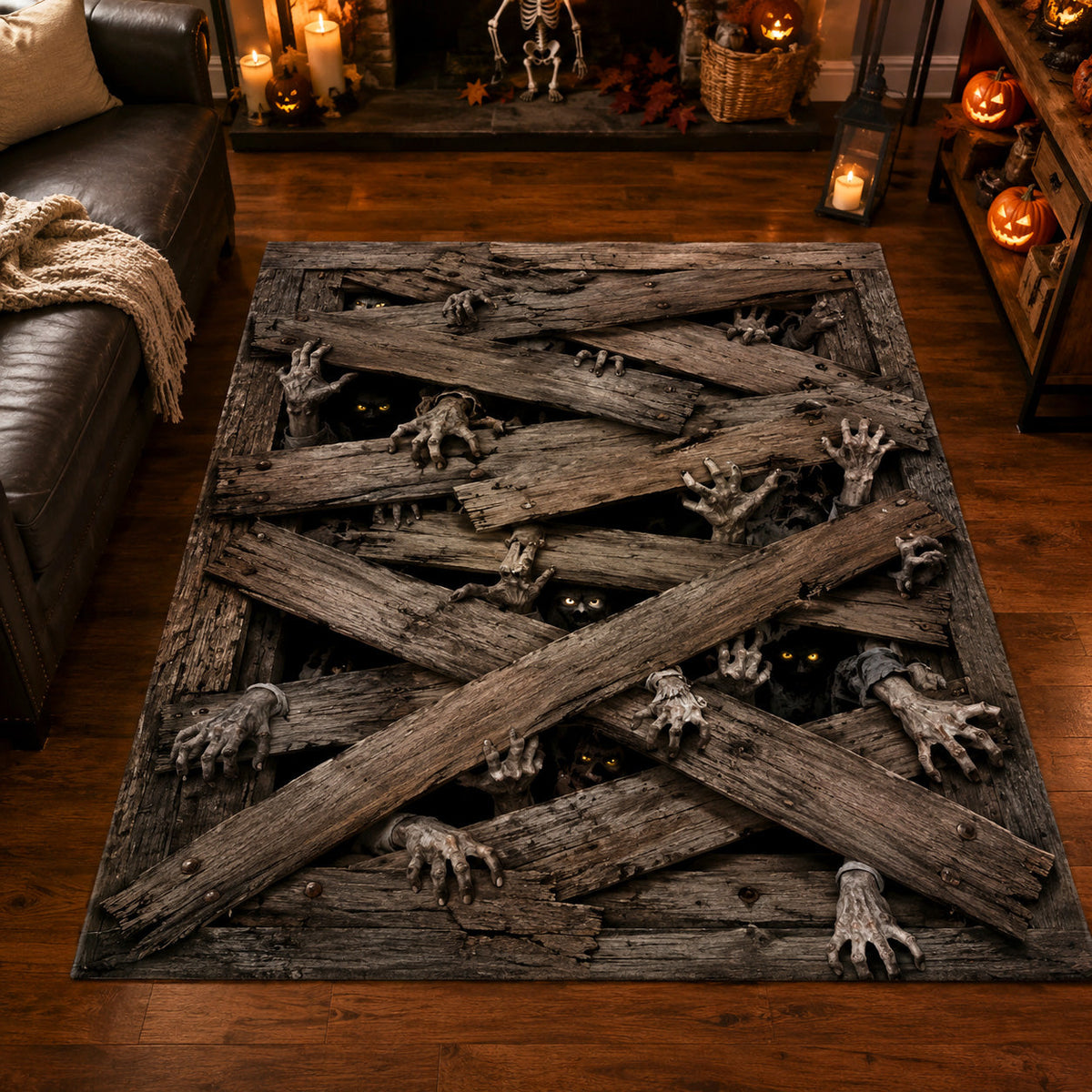 Cursed Barricade area rug in a living room