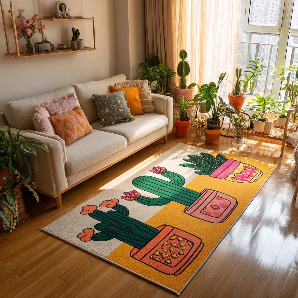 Cute Cactus area rug in a living room