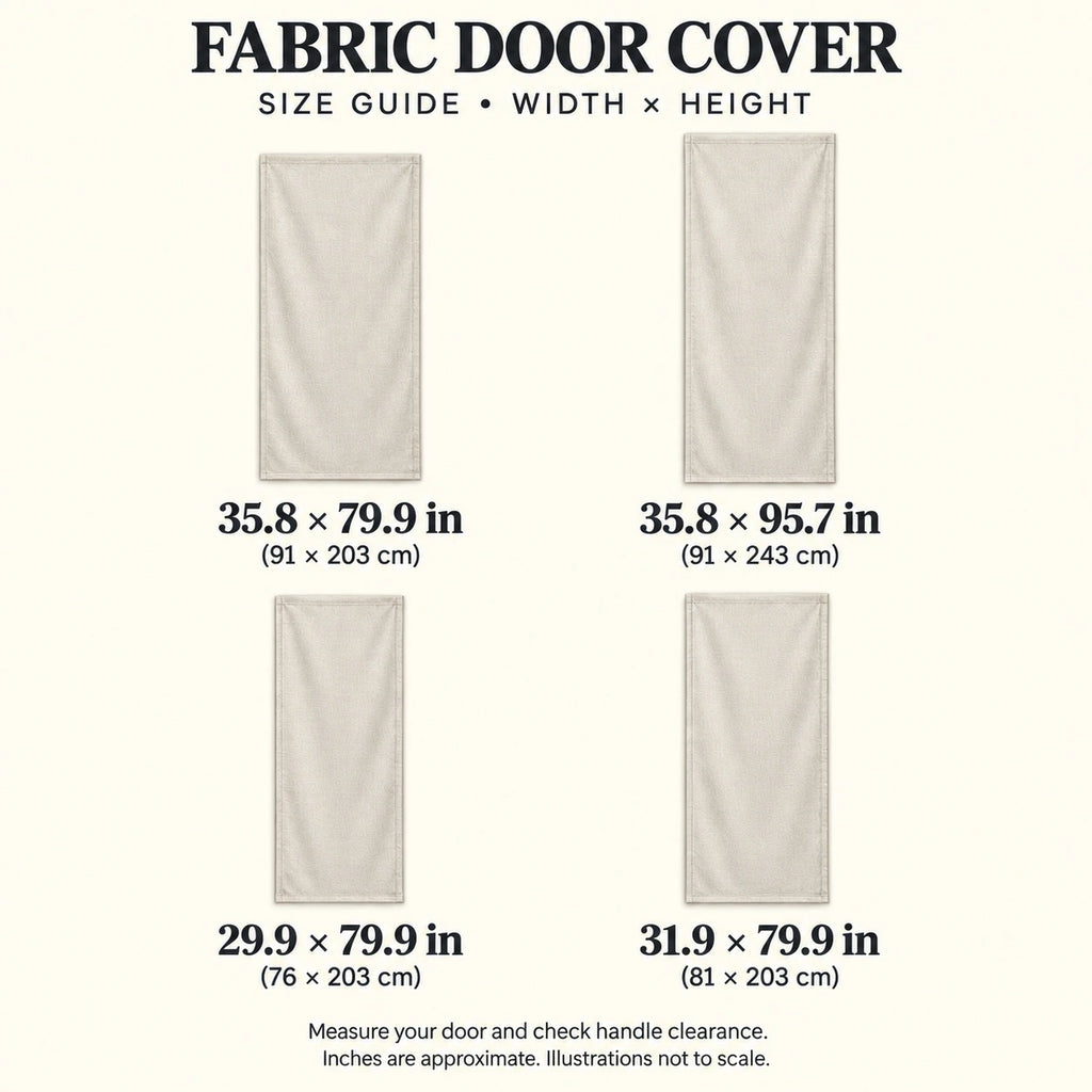 Fabric Door Cover sizes guide: unprinted illustration; see main image for purchased design