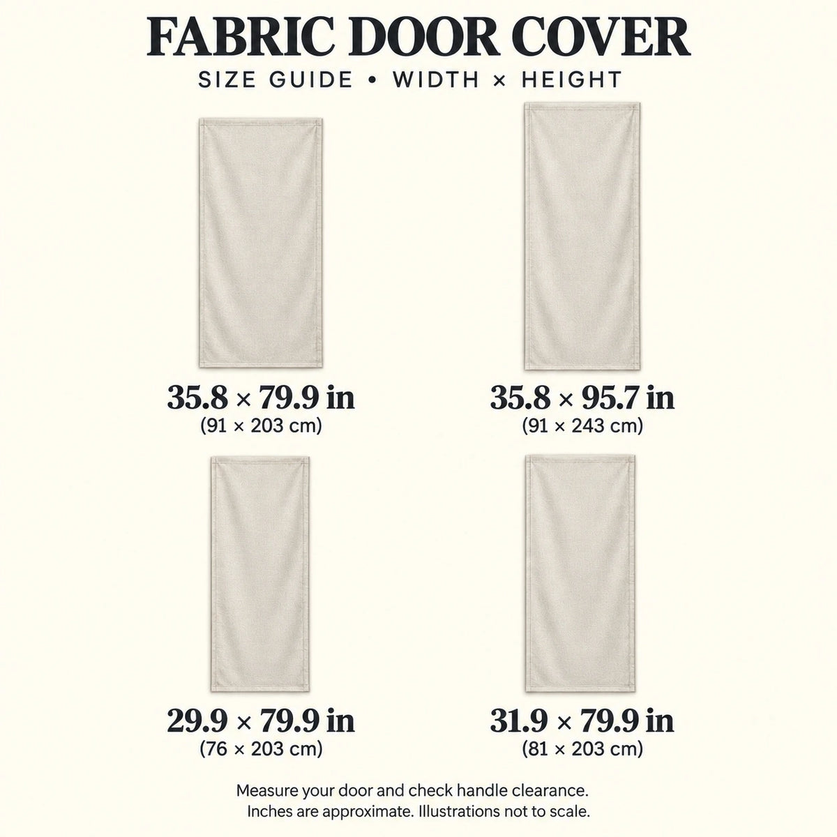 Fabric Door Cover sizes guide: unprinted illustration; see main image for purchased design