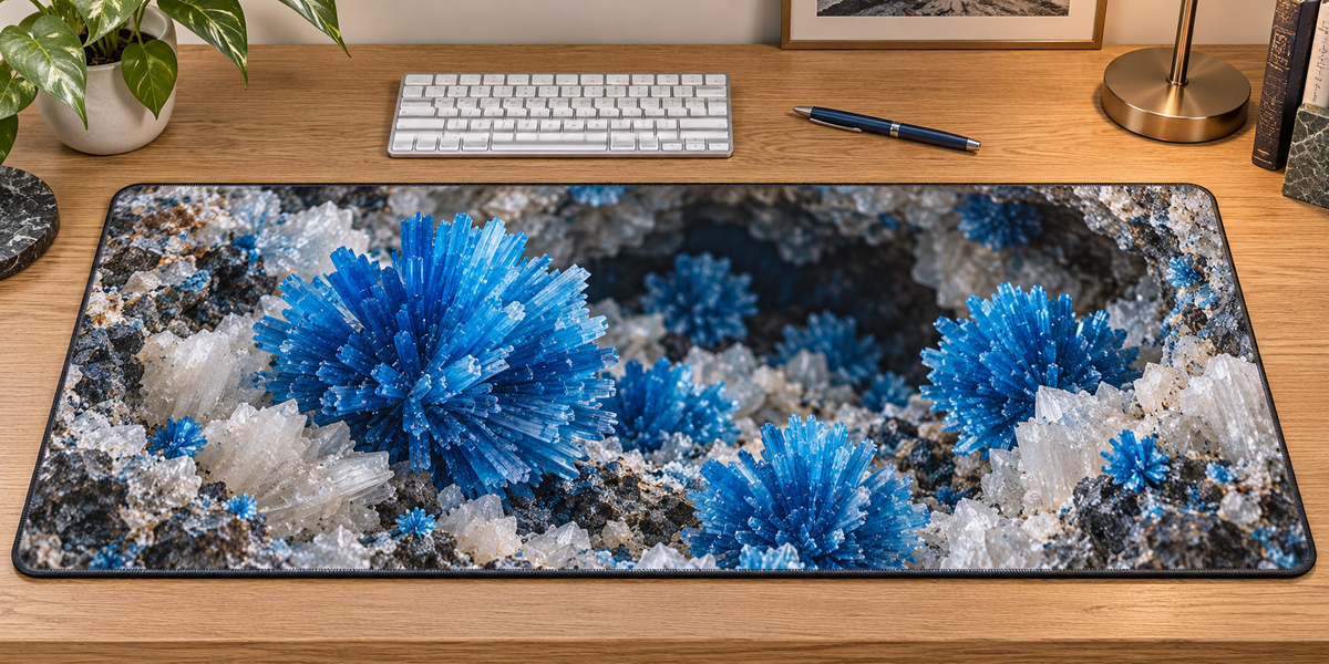 Blue radial cavansite-inspired crystal clusters in pale matrix printed on a complete flat rectangular desk mat