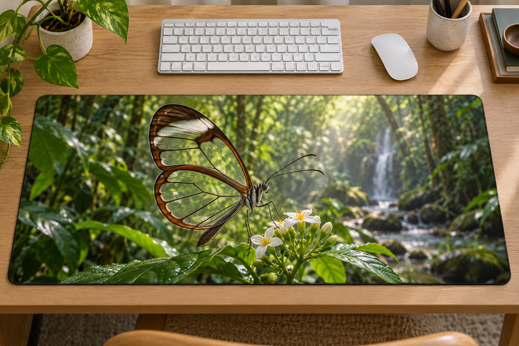 Glasswing butterfly beside white flowers and rainforest cascade printed on a complete flat rectangular desk mat