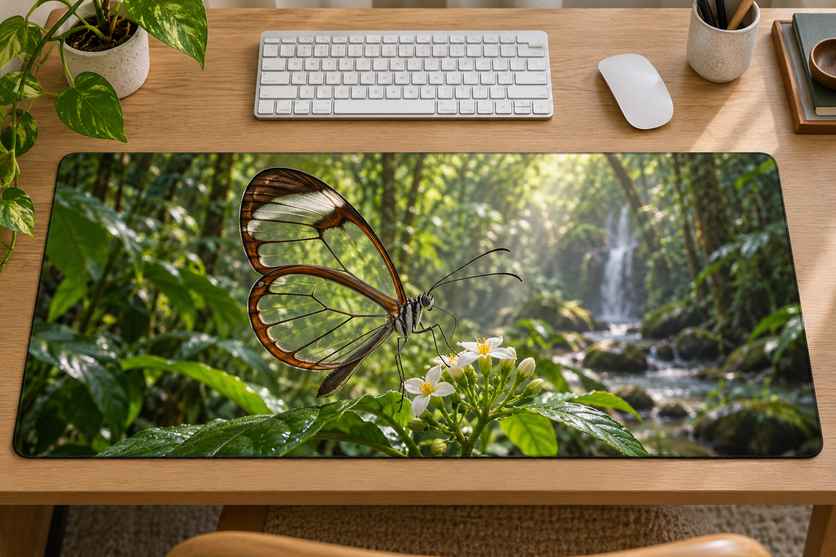 Glasswing butterfly beside white flowers and rainforest cascade printed on a complete flat rectangular desk mat