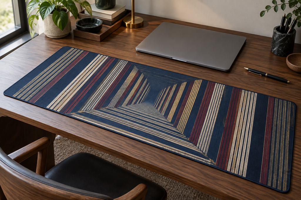 Aso Oke-inspired indigo ivory and crimson stripes forming a receding corridor printed on a flat desk mat