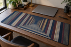 Aso Oke-inspired indigo ivory and crimson stripes forming a receding corridor printed on a flat desk mat