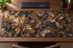 Bronze-gold radiating astrophyllite-inspired crystal sprays on a dark mineral ground printed on a complete flat rectangular desk mat