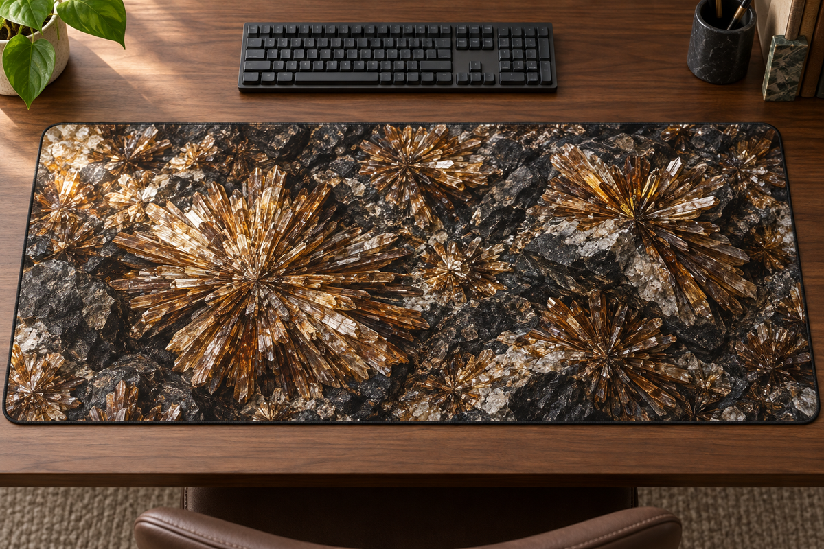 Bronze-gold radiating astrophyllite-inspired crystal sprays on a dark mineral ground printed on a complete flat rectangular desk mat
