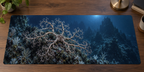 Basket star extending finely branching arms over a rocky seamount before receding blue underwater formations printed on a complete flat desk mat