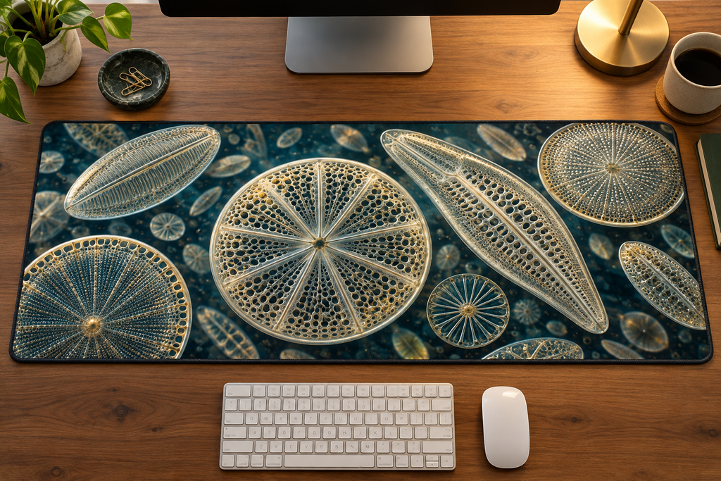 Circular and elongated diatom-inspired lattice forms in a deep teal field printed on a complete flat rectangular desk mat