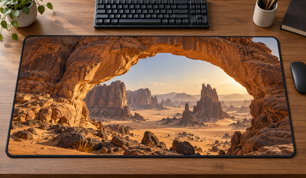Warm sandstone arch framing deep desert pillars printed on a complete rectangular desk mat