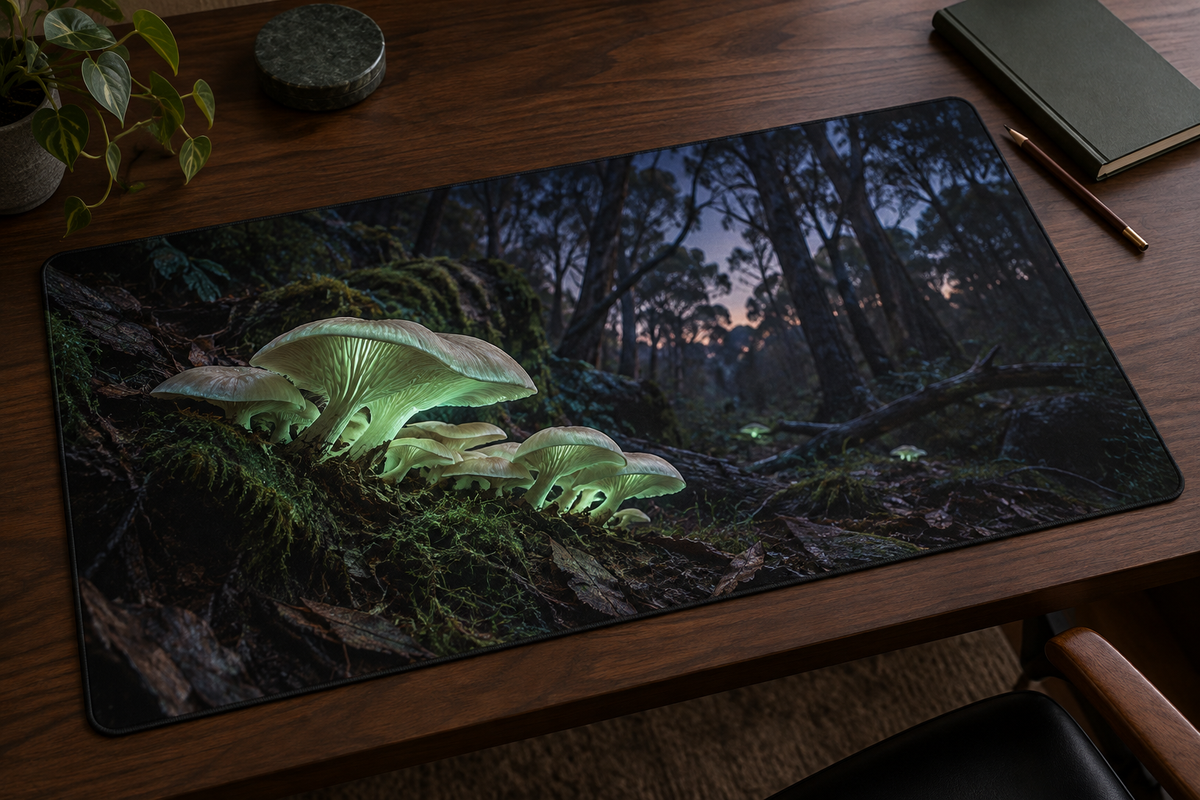 Warm sandstone arch framing deep desert pillars printed on a complete rectangular desk mat