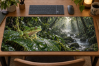 Green translucent glassfrog on a wet leaf before a receding rainforest stream printed on a flat desk mat