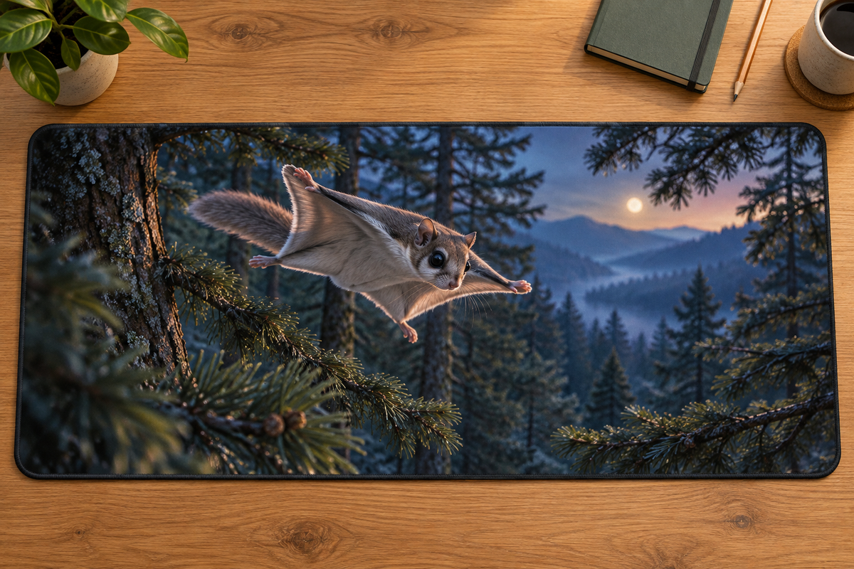 Japanese flying squirrel gliding before a twilight evergreen forest printed on a flat desk mat