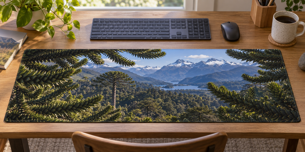 Spiky monkey puzzle foliage framing a receding mountain forest printed on a flat desk mat