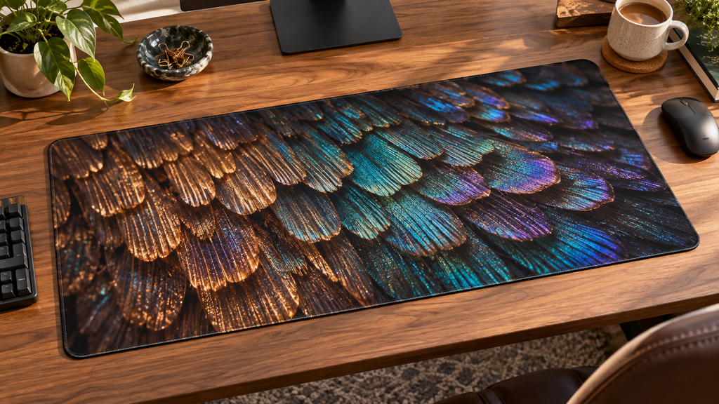 Overlapping ribbed moth-wing-scale inspired forms in bronze teal and violet printed on a complete thin rectangular stitched-edge desk mat