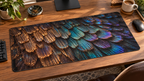 Overlapping ribbed moth-wing-scale inspired forms in bronze teal and violet printed on a complete thin rectangular stitched-edge desk mat